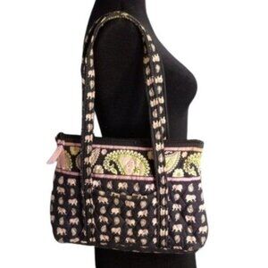 Vera Bradley Tote Bag Pink Elephant Paisley Quilted Black Pockets Retired Vtg